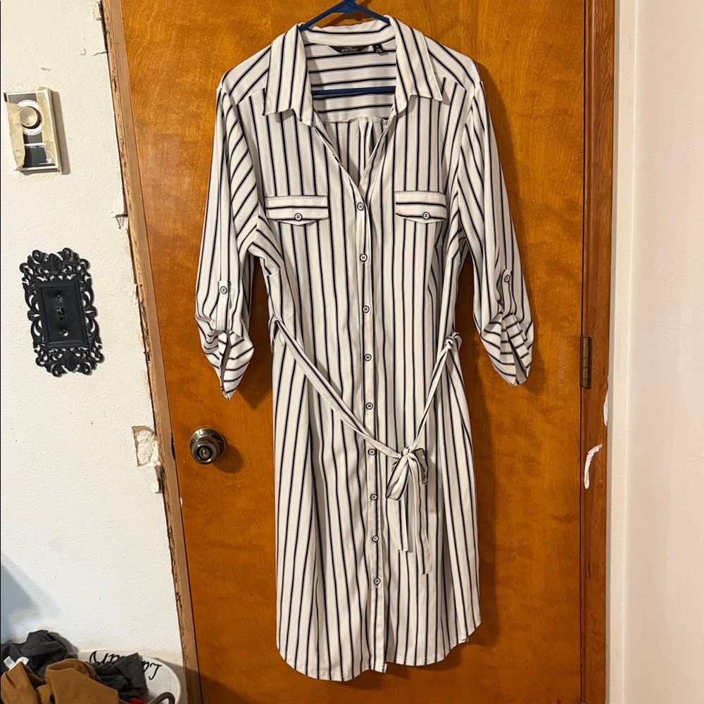 Striped Shirt Dress with Tie Belt - Ivory/Black
